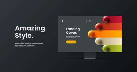 Unique web project vector design illustration. Bright computer display mockup banner layout.