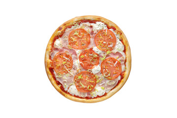 Pizza with mozzarella cheese, brisket, ham and onion isolated on white background. Top view