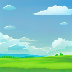 Obraz na płótnie Canvas 2d illustrated cartoon meadow landscape with grass. Blue sky with white clouds. Flat valley landscape. Empty green field with trees on sunny summer day. Green hills landscape background, empty glade