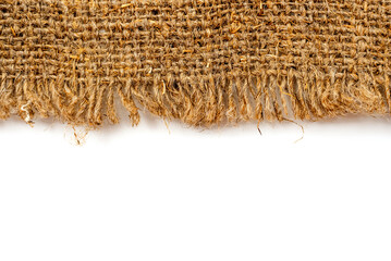 Texture of burlap on a white background close-up. Textile. fibers. Fabric with empty space for an inscription - obrazy, fototapety, plakaty