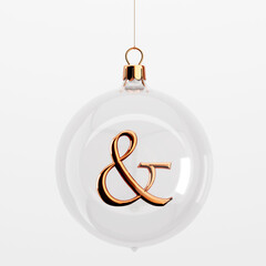 Glass festive christmas hanging baubles. With gold ampersand. 3D Rendering