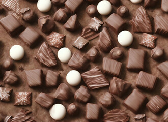 Sweet chocolate candies, white chocolate, milk chocolate, dark chocolate, and chocolate with coffe