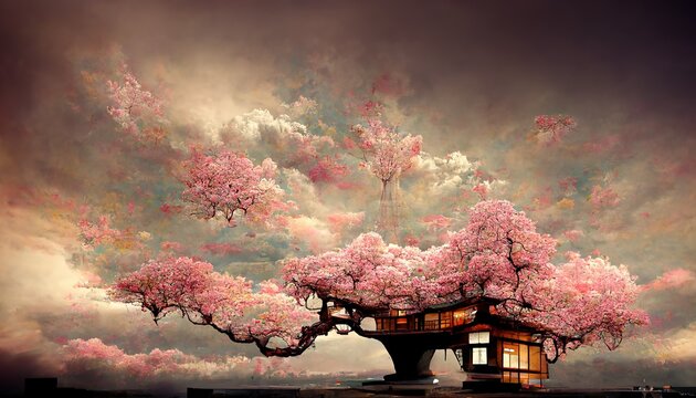 Wonderful Abstrat Enviroment Cherry Blossom Temple Tree House 3d With Sky Background