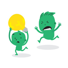 Dibujo garabato en vectores de personajes divertidos estilo caricatura hombre enojado persiguiendo a niño con una bombilla para infografía