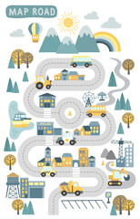 Obraz premium Childrens map road construction. Vector cartoon illustration of children's mat for road play. City adventure map with mountains, wood, lake, building, cars and construction. Design for nuresry decor