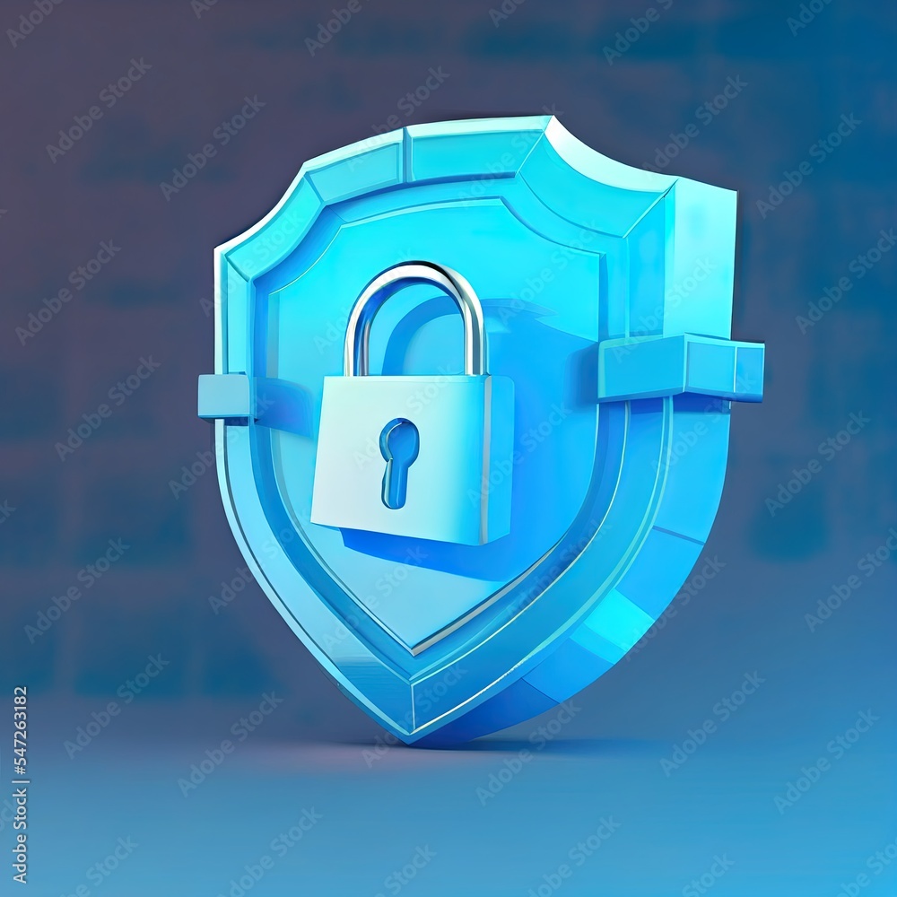 Poster 3d lock with key and protection shield. cyber security internet and networking concept. shield shape