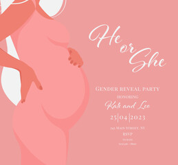 Invitation for gender reveal party with pregnant mother. Vector flat illustration for card, , design, flyer, poster, decor, banner, web, advertising. Beautiful girl, woman.	

