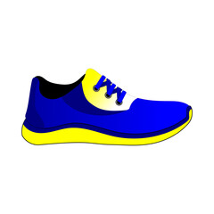 Blue and yellow shoes isolated on white background. Bright Sport sneakers symbol. Vector illustration.