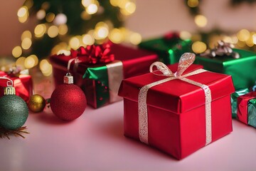 christmas gift boxes and decorations with bokeh