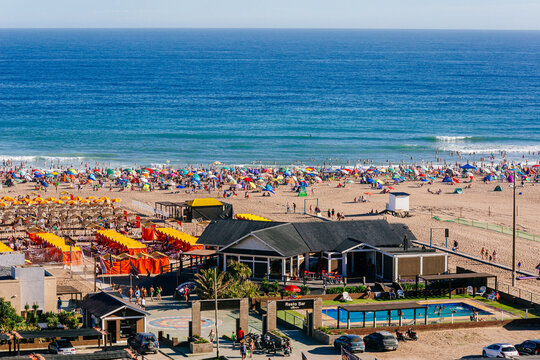 NECOCHEA, BUENOS AIRES, ARGENTINA - JANUARY 5, 2022: Aerial view of the main beach in the city downtown.