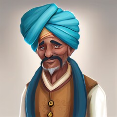 Brown Punjabi, Teal Dhoti wearing Indian village man