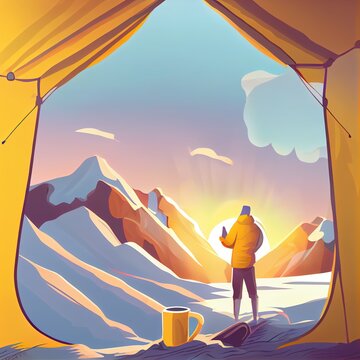 Traveler man holding coffee cup and enjoying the view of sunrise on snowy mountain inside a yellow tent
