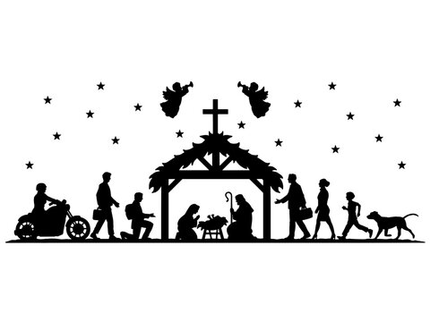 holy Christmas scene. Collection of silhouettes modern people Christian characters holy night. Family holidays. Vector illustration. Baby Jesus birthday. Motorcycle man. Businessman.