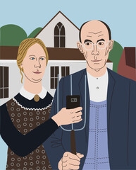 Drawing American Gothic in vector. painting reproduction. man and woman together. drawn in vector. Print for clothes. Creative print on a T-shirt.