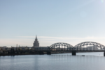 Naklejka premium Bridge over the Daugava River in Riga, Latvia