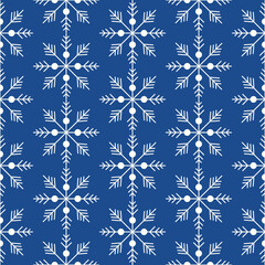 Naklejka na ściany i meble Seamless pattern of snowflakes on isolated blue background. Vector for season celebration of New Year, Christmas, Winter holidays. Snowfall background for greeting cards, scrapbooking, wallpaper.