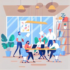 Fototapeta premium Business people characters working in the office. Minimal co working space. Group of working office employees. Startup 2d illustrated illustration. Team project, brainstorm, teamwork process during