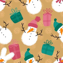 Winter seamless snowman and snowflakes pattern for Christmas wrapping paper and kids notebooks