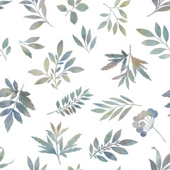 Branches and leaves painted in watercolor, collected in a seamless pattern.