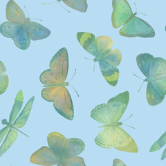 Seamless watercolor pattern, abstract botanical background, bright butterflies for design, wallpapers, invitations.