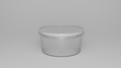 Transparent plastic bucket with white cap for food, products isolated on white background. 3D render