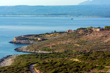 Remote view of the medieval castle of Pylos in the heart of Messinia prefecture, Peloponnese, Greece