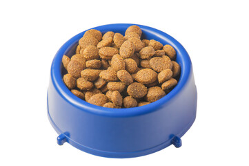 Dry food croquettes for cats or dogs in a blue bowl. Food for animals, pets.