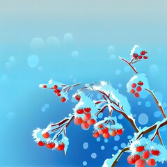 Hawthorn berries are covered with hoarfrost. Winter Garden. Simple blue background and copy space.