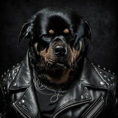 Obraz premium Black metal animal singer. Portrait photo of Rottweiler heavy metal musician.