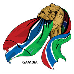 Fisted hand holding Gambian flag. Vector illustration of lifted Hand grabbing flag. Flag draping around hand. Scalable Eps format	