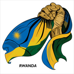 Fisted hand holding Rwandan flag. Vector illustration of lifted Hand grabbing flag. Flag draping around hand. Scalable Eps format	