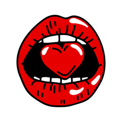 Pop art style. Attractive female lips hold the heart.

