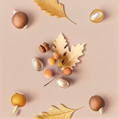 Autumn composition with golden painted acorns oak tree on light beige background Autumnal Still life with natural materials, neutral color Autumn, fall concept Minimal flat lay, top view, copyspace , 