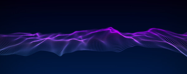 Digital horizontal wave with many dots on the gradient background. The futuristic abstract structure. Big data visualization. 3D rendering.