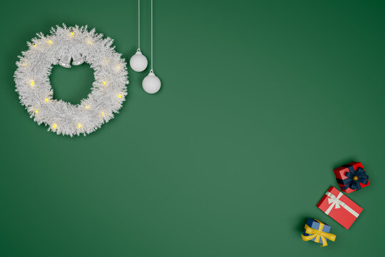 Christmas wreath with gift box on green background. 3d rendering.