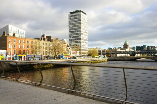 Rosie Hackett Bridge over River Liffey and City View of Dublin City in Ireland