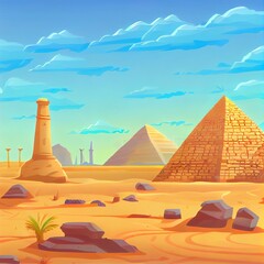 Egypt pyramid landscape, 2d illustrated desert game background, sand dune panoramic view, broken column. Africa scene, old stone ruin, Egyptian civilization ancient architecture, blue sky. Egypt