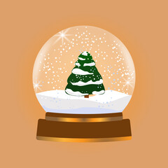 Christmas ball with Christmas tree and snowflakes, on a golden background