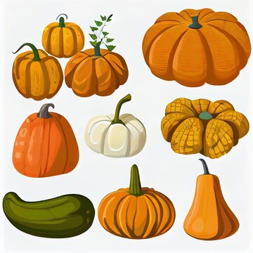 Different types of autumn whole pumpkins Autumn vegetable composition with pumpkin, squash, leaves Autumnal still life of fall season harvest Realistic hand drawn 2d illustrated illustration set