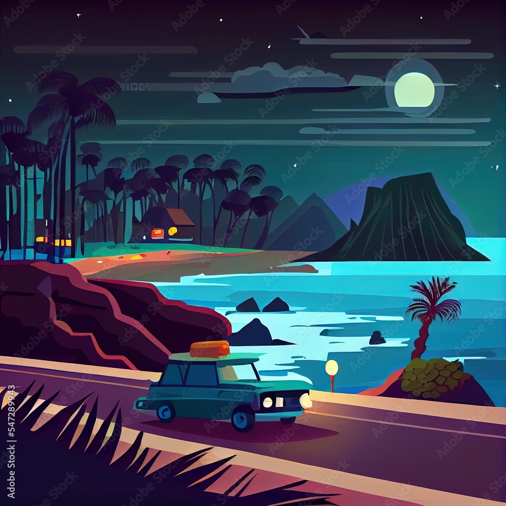 Sticker Car drive on road on sea beach at night. 2d illustrated cartoon illustration of tropical landscape with ocean shore, grass, palm trees, rocks in water and auto with luggage on roof on highway