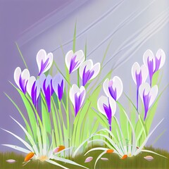 Spring snowdrops, crocuses, the first flowers after winter. Natural background of flowers
