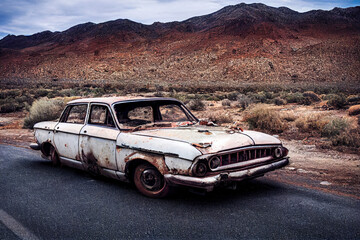 old rusty abandoned car in the desert