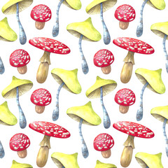 Toadstool Mushrooms red and yellow watercolor hand drawn seamless pattern on white.