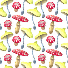 Toadstool Mushrooms red and yellow watercolor hand drawn seamless pattern on white.