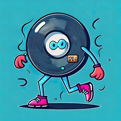 retro cartoon character with a body of a vinyl disc. Music streaming service icon, recording store logo. Vintage rubberhose comic style design. 2d illustrated illustration