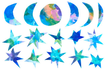 Moon and stars decorative abstract blue acrylic hand painting isolated on white