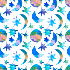 Moon and stars decorative abstract blue acrylic painting seamless pattern on white