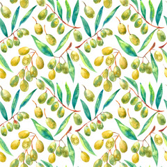 Olives watercolor hand drawn botanical seamless pattern on white