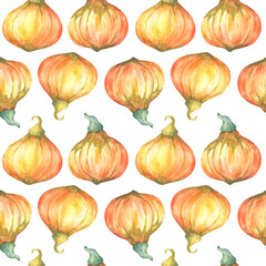 Pumpkins watercolor illustration seamless pattern on white