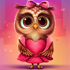 Fototapeta premium Cute Cartoon Owl in a dress on heart backround